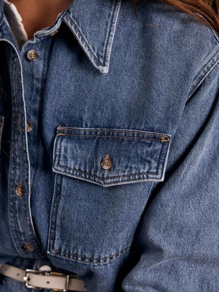 Mint Velvet Cropped Denim Shirt - view 2, Blue