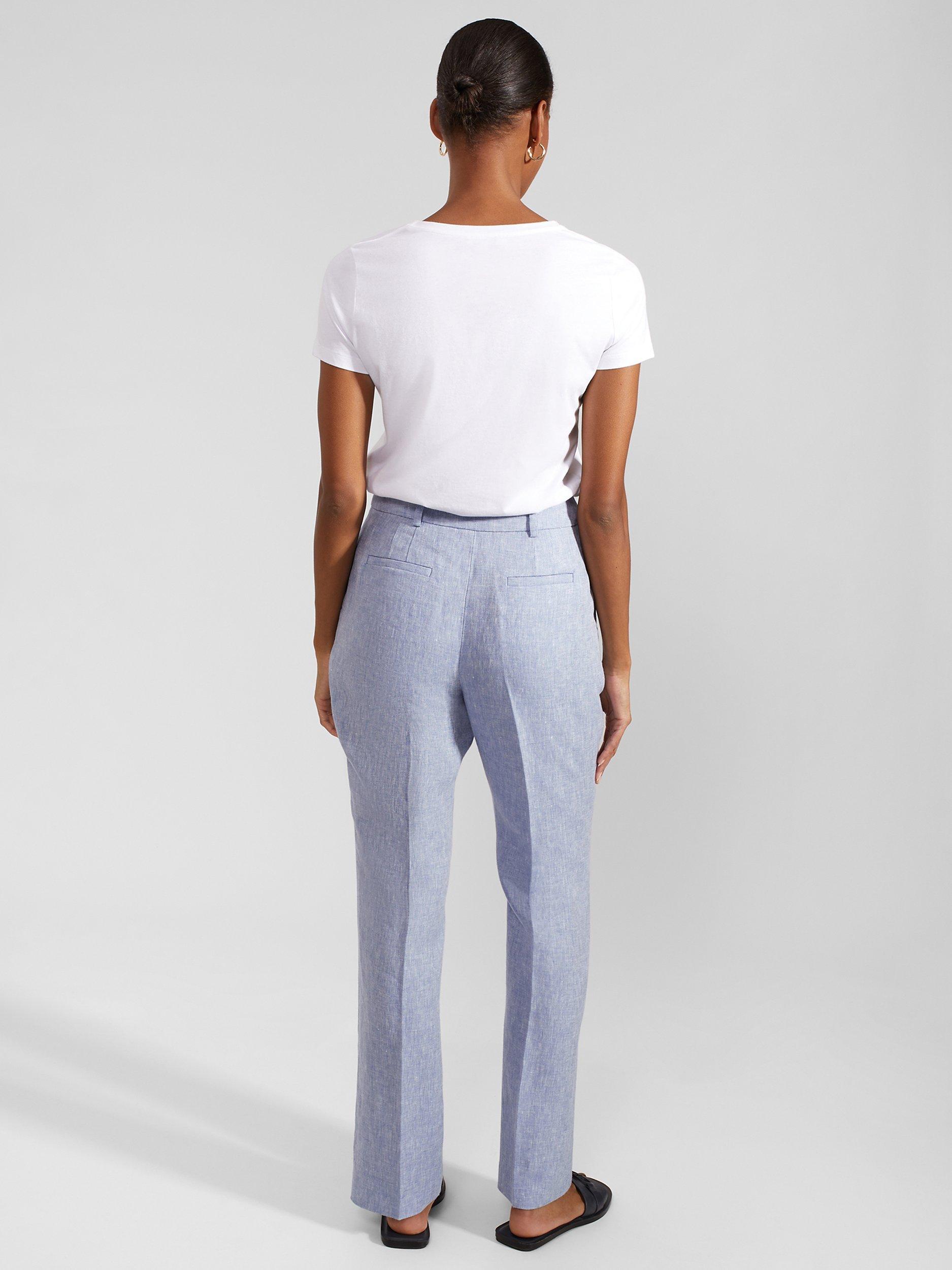 Product image 2 of 5, which shows Hobbs Adina Cross Dye Linen Trousers, Blue/Ivory, 12