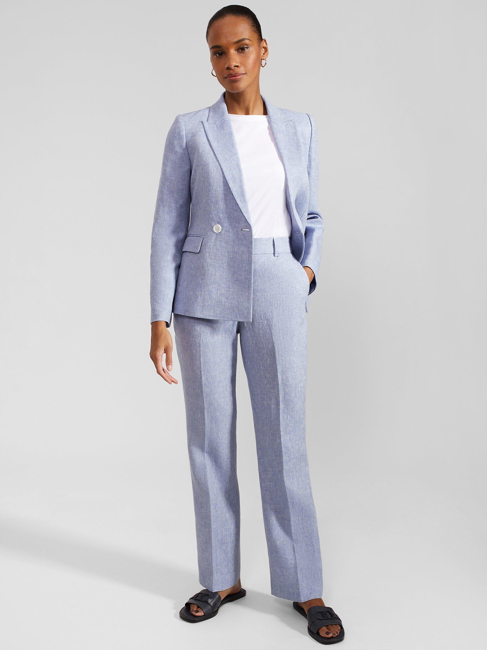 Product image 3 of 5, which shows Hobbs Adina Cross Dye Linen Trousers, Blue/Ivory, 12