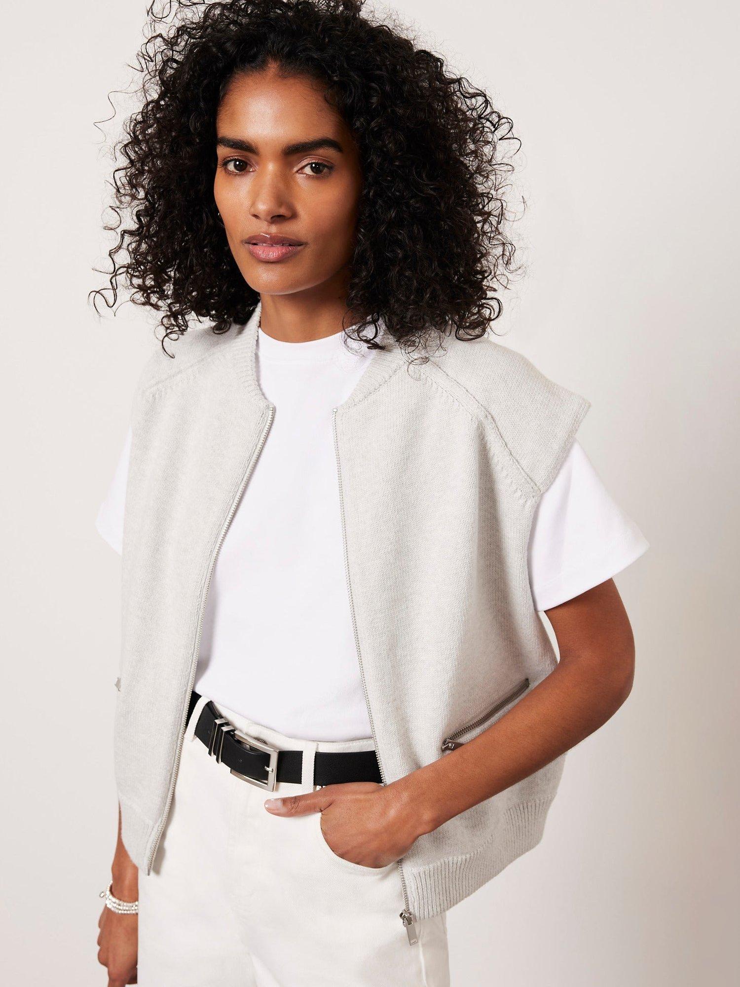 Mint Velvet Cotton Sleeveless Bomber Jacket, Light Grey