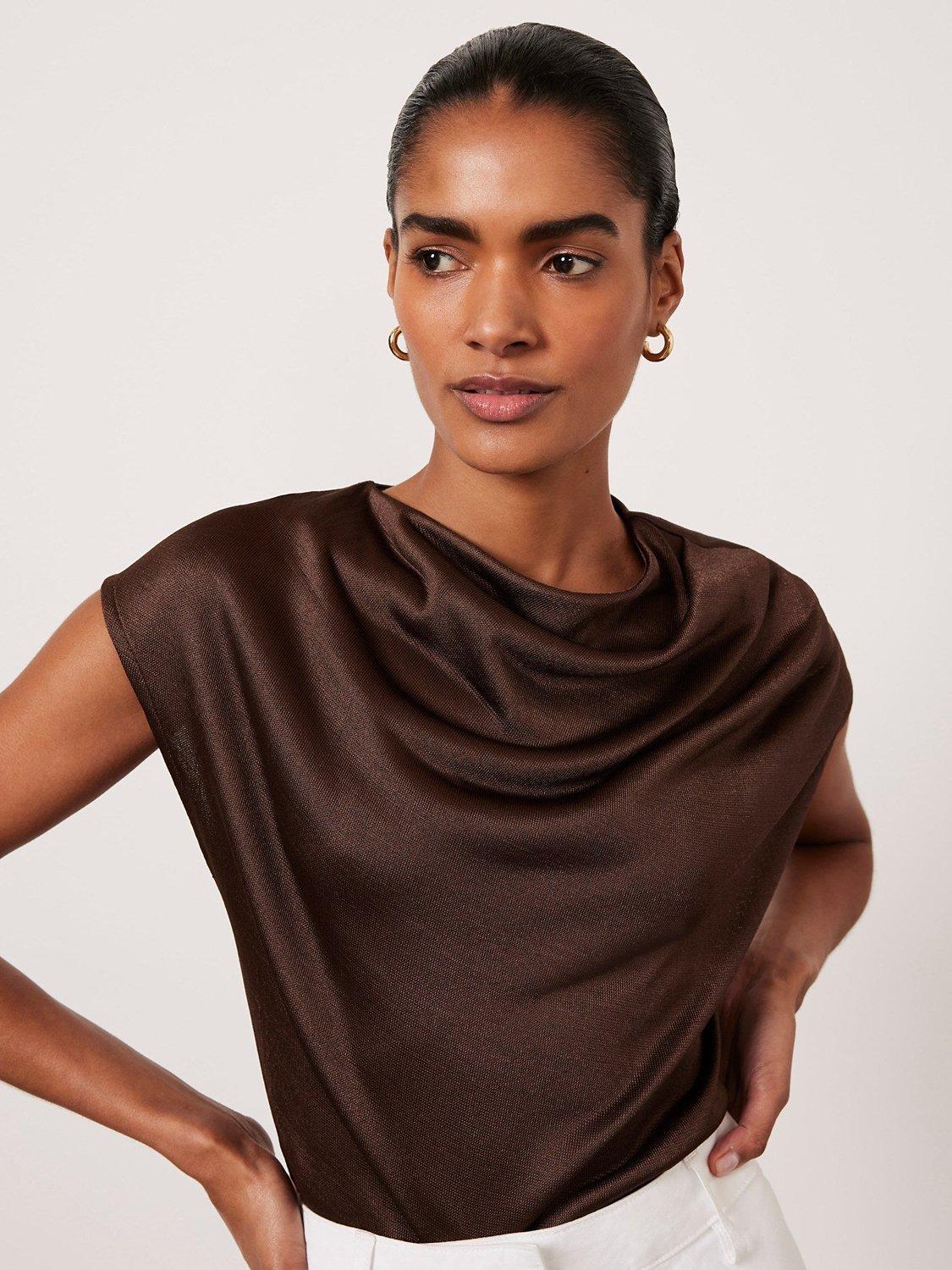 Mint Velvet Metallic Ruched Top, Dark Brown