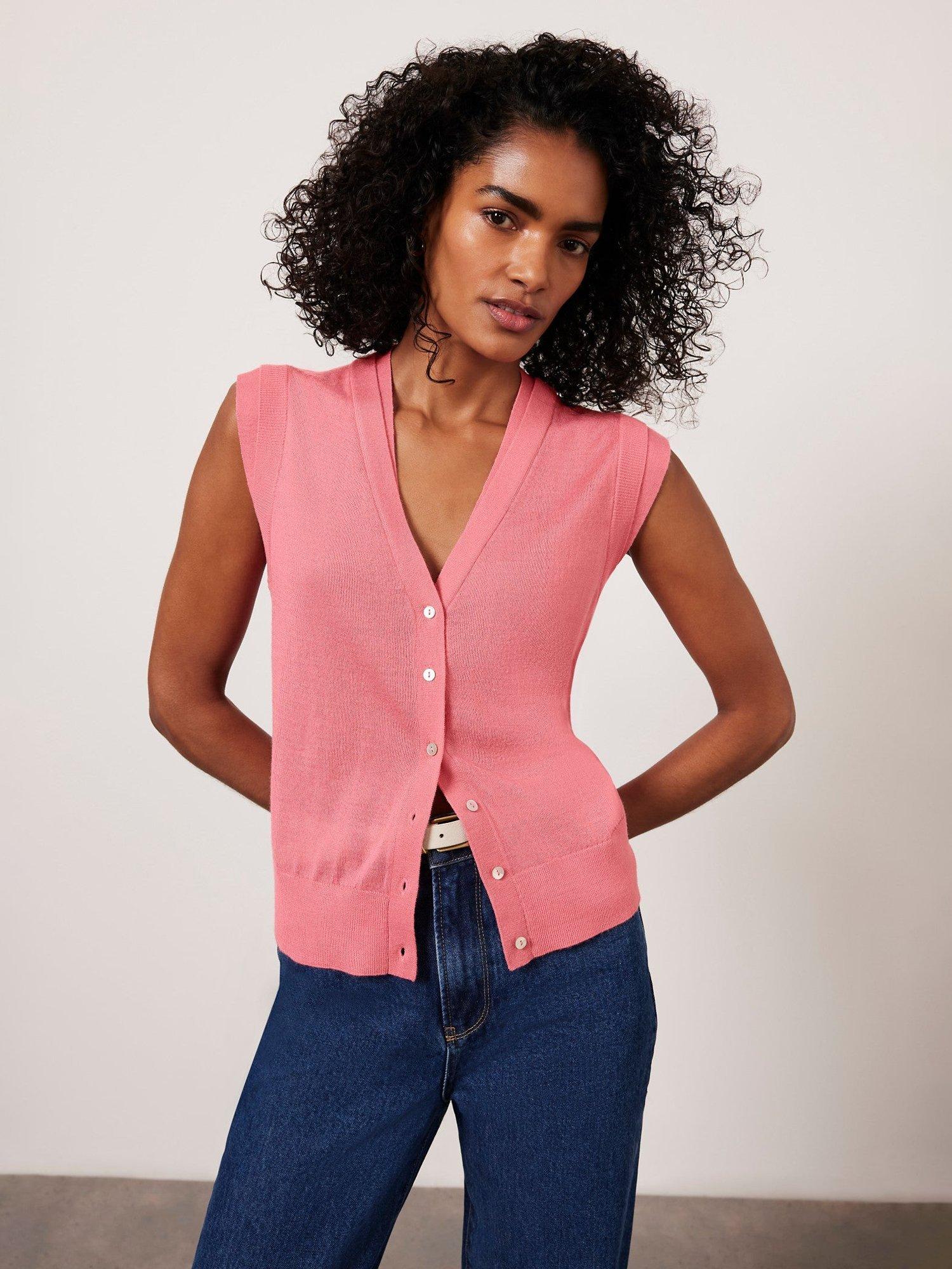 Mint Velvet Wool Blend Knitted Button Front Top, Pink