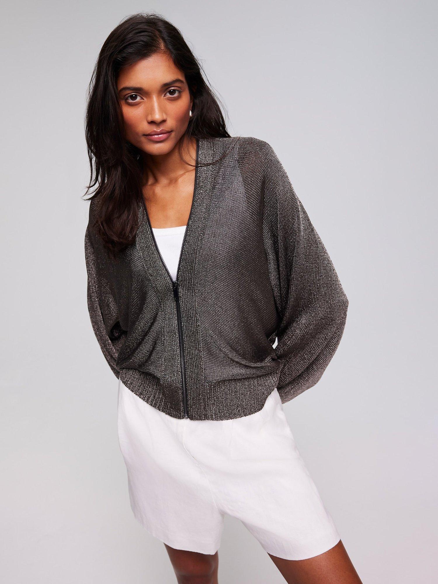Mint Velvet Metallic Batwing Zip Front Cardigan, Dark Brown