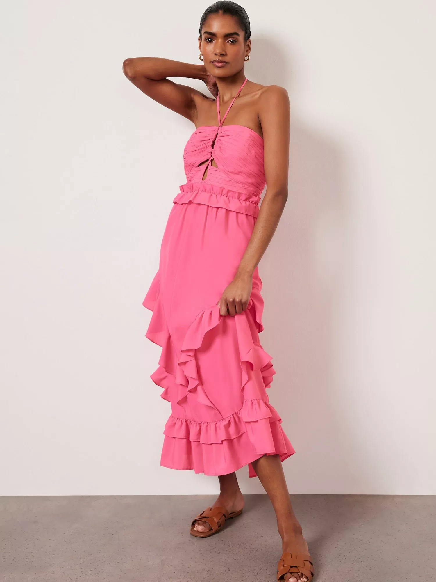 Mint Velvet Ruffle Halterneck Midi Dress Pink