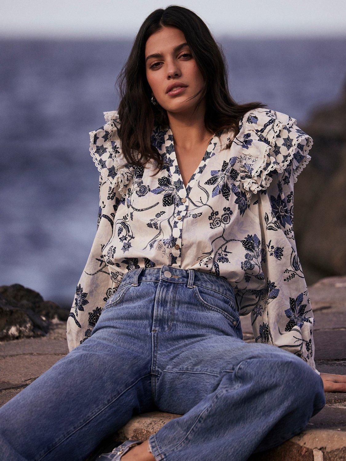 Mint Velvet Wide Collar Floral Cotton Shirt, Natural/Multi
