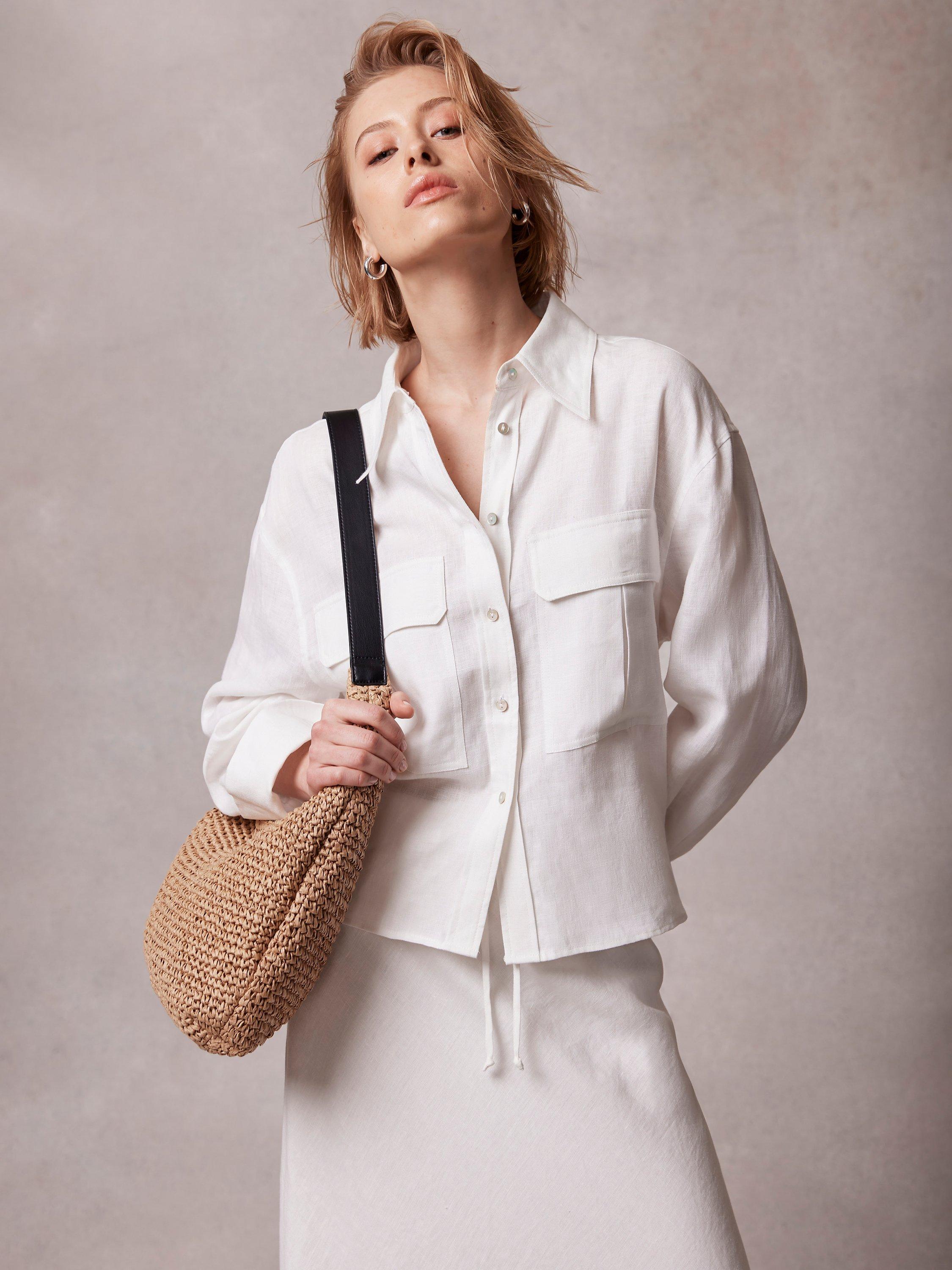 Mint Velvet Cropped Linen Shirt, White Ivory