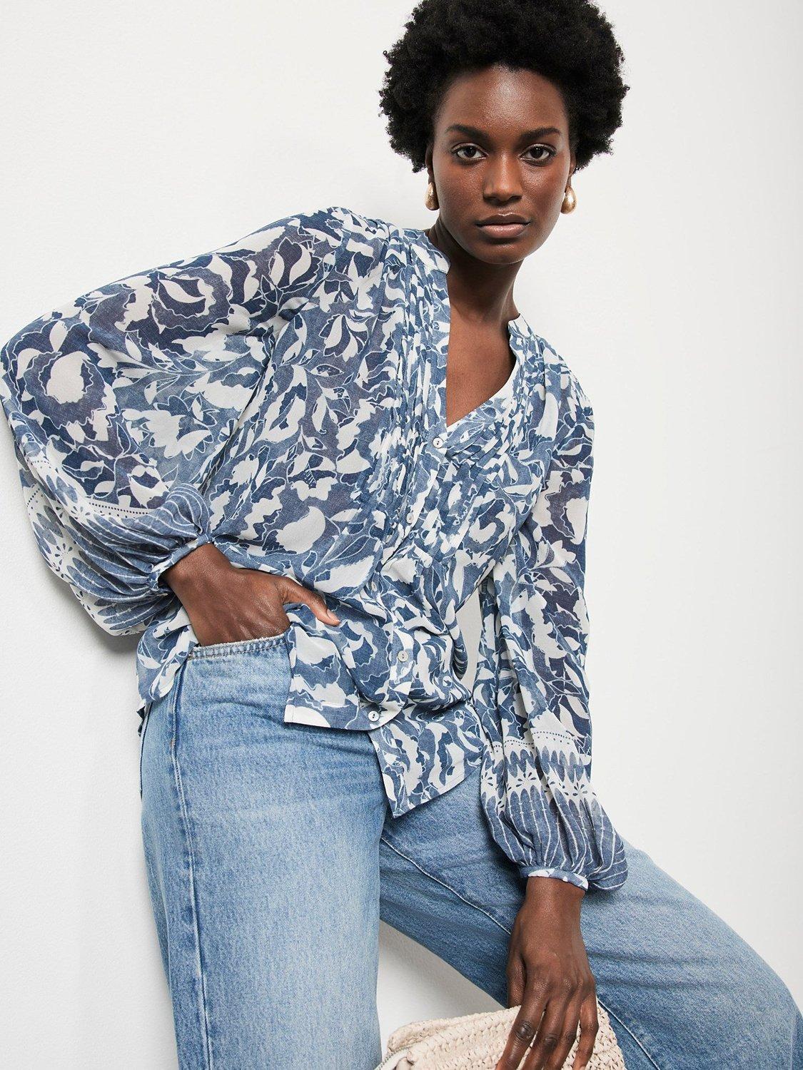 Mint Velvet Abstract Print Chiffon Blouse, Blue/White