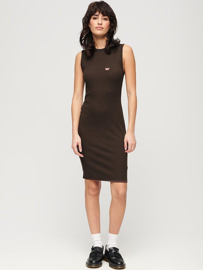 Superdry Rib Bodycon Mini Dress, Dark Brown, 6