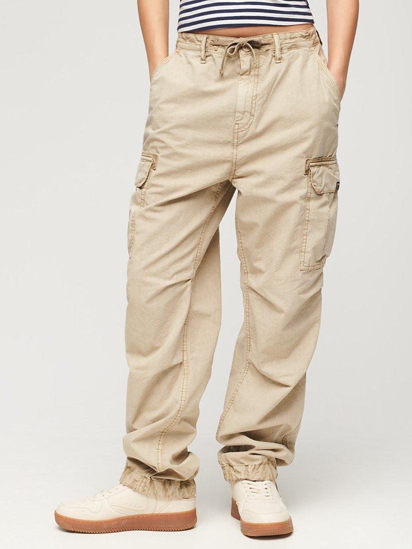 Product image 1 of 6, which shows Superdry Low Rise Parachute Cargo Trousers, Stonewash Brown, W26/L30