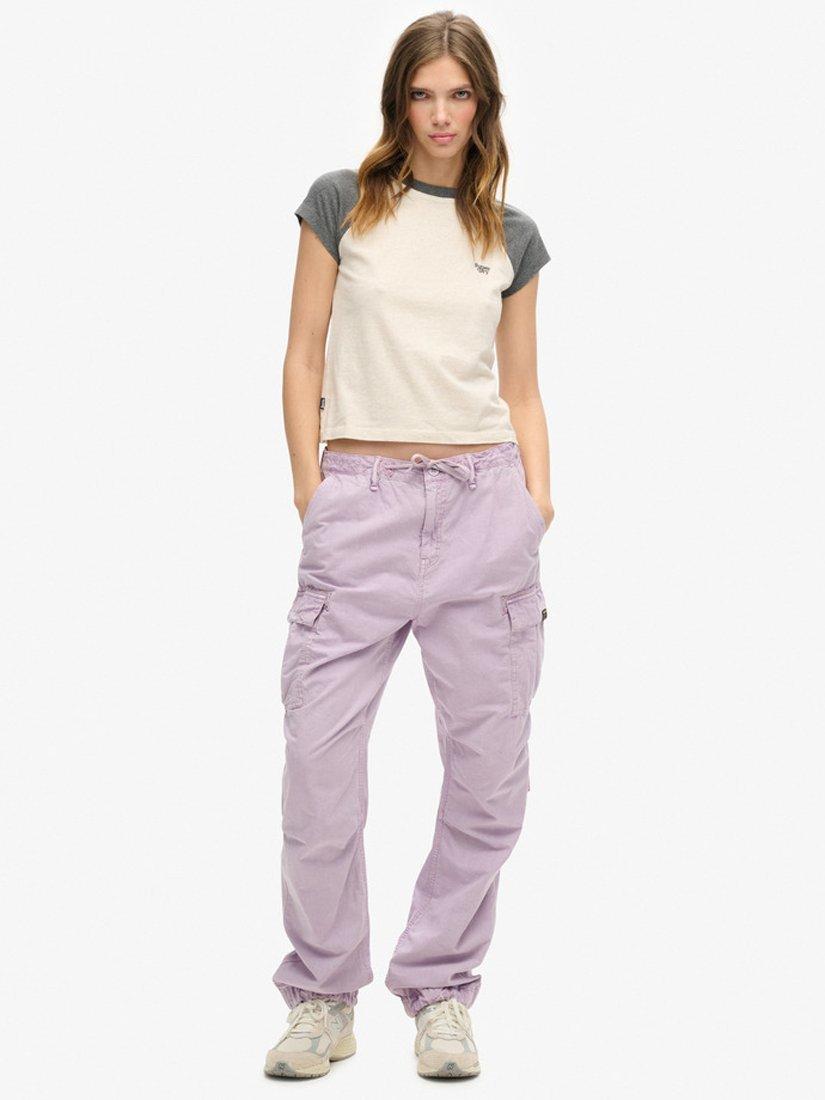 Product image 1 of 5, which shows Superdry Low Rise Parachute Cargo Trousers, Soft Lilac, W26/L30