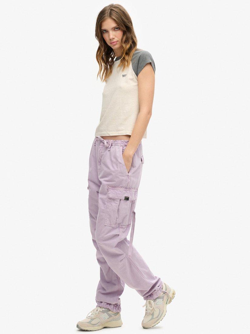 Product image 2 of 5, which shows Superdry Low Rise Parachute Cargo Trousers, Soft Lilac, W26/L30