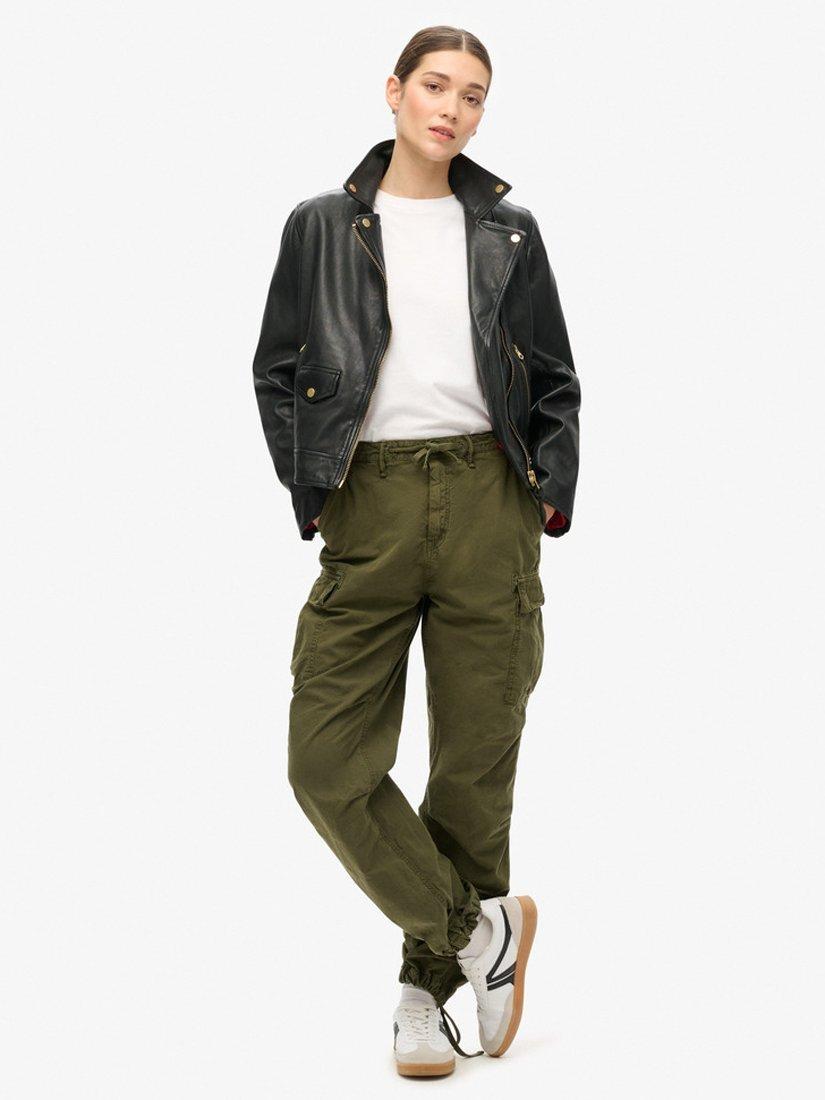 Product image 1 of 6, which shows Superdry Low Rise Parachute Cargo Trousers, Olive Night Green, W26/L30