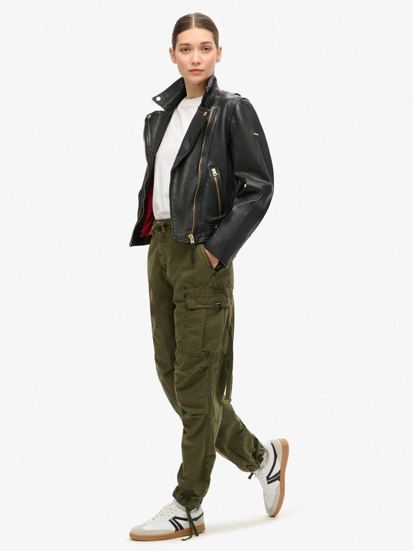 Product image 2 of 6, which shows Superdry Low Rise Parachute Cargo Trousers, Olive Night Green, W26/L30