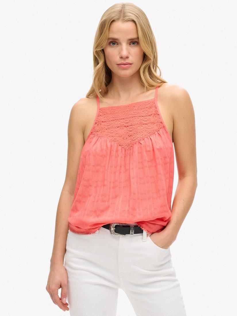 Product image 1 of 5, which shows Superdry Lace Cami Beach Top, Blush Coral, 14