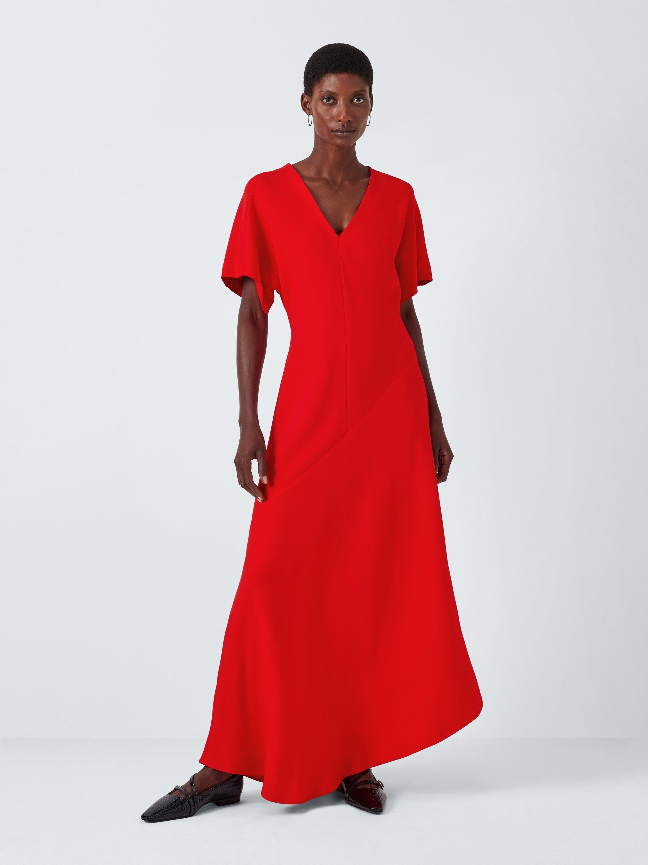 John Lewis Short Sleeve V Neck Asymmetrical Hem Midaxi Dress Red