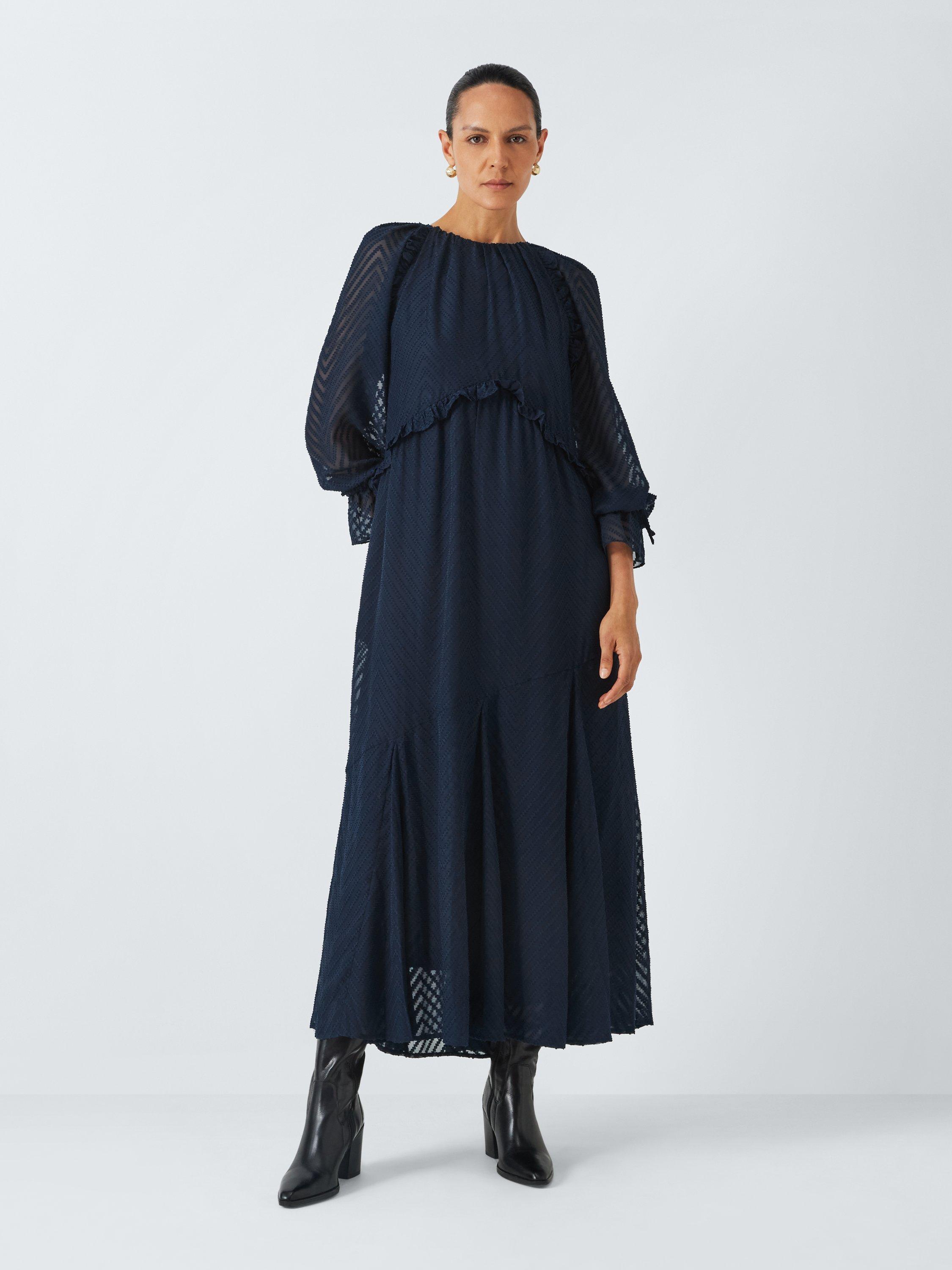 John Lewis Dobby Frill Maxi Dress Navy