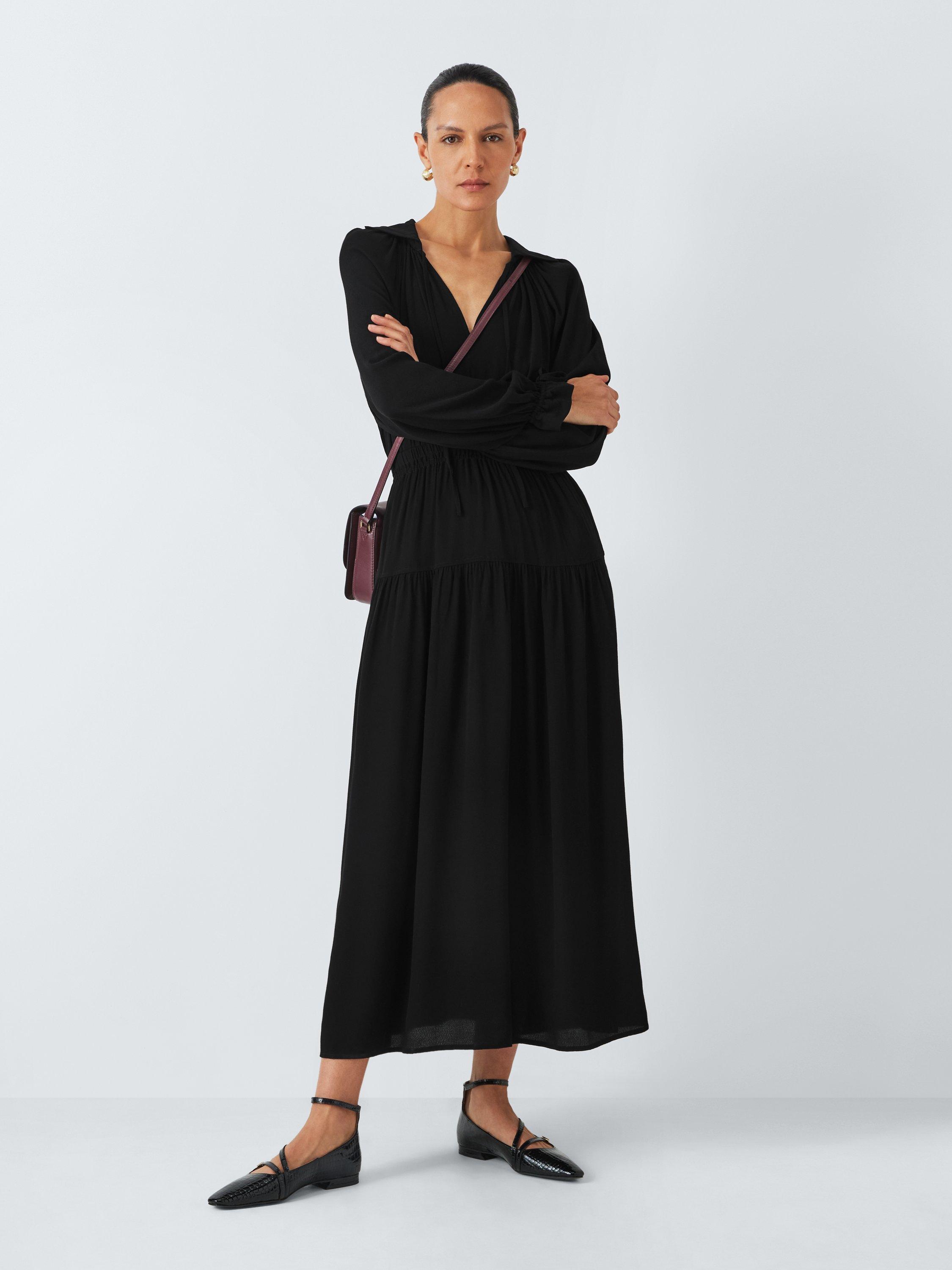 John Lewis Tiered Tie Neck Midaxi Dress Black