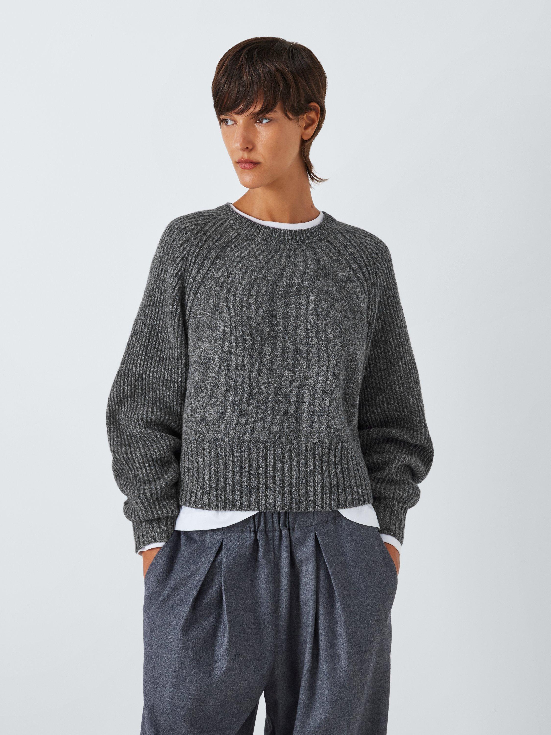 John Lewis Wool Blend Crew Neck Crop Shepherd Jumper, Charcoal, Charcoal