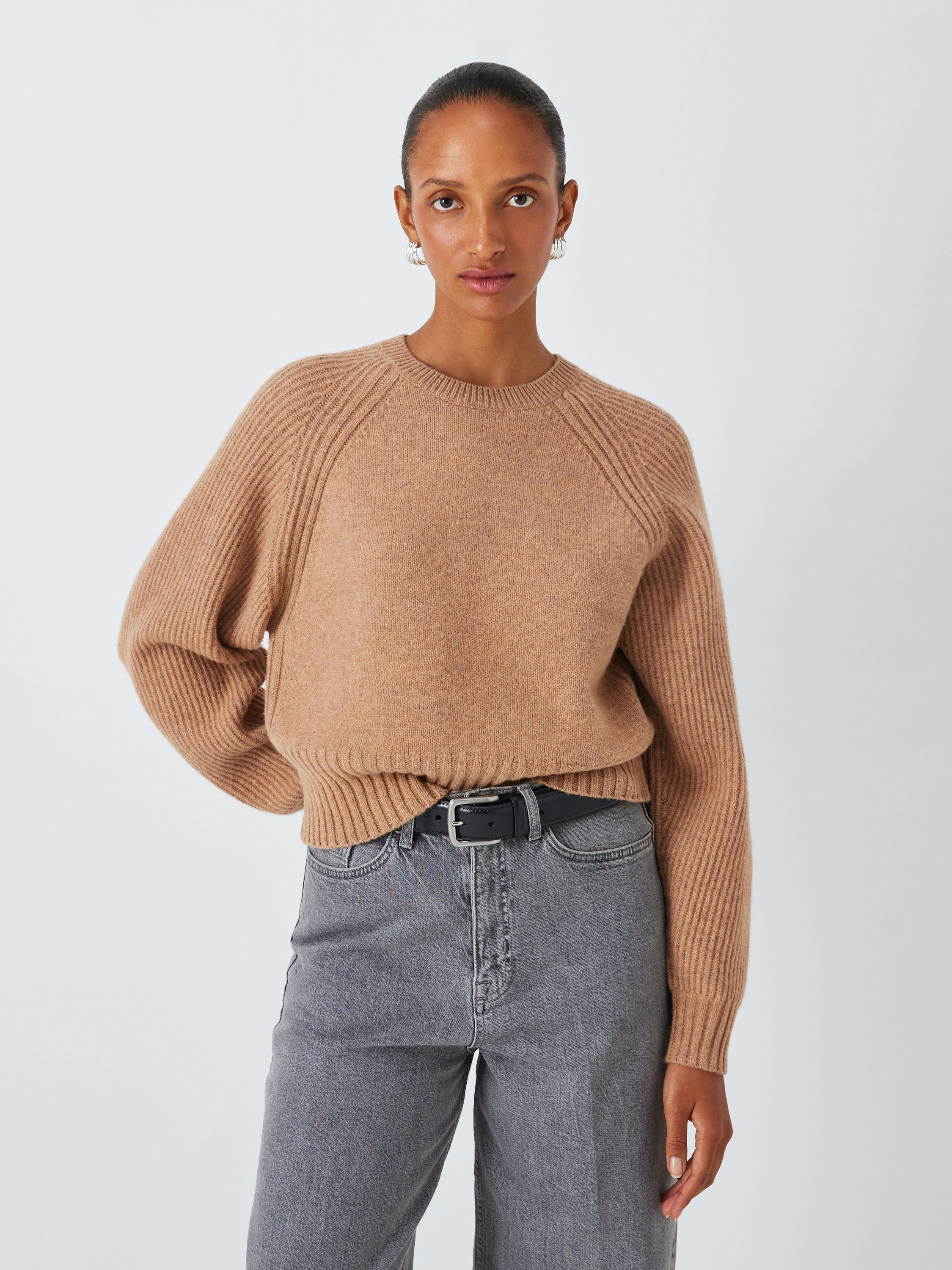 John Lewis Wool Blend Crew Neck Crop Shepherd Jumper Charcoal Camel