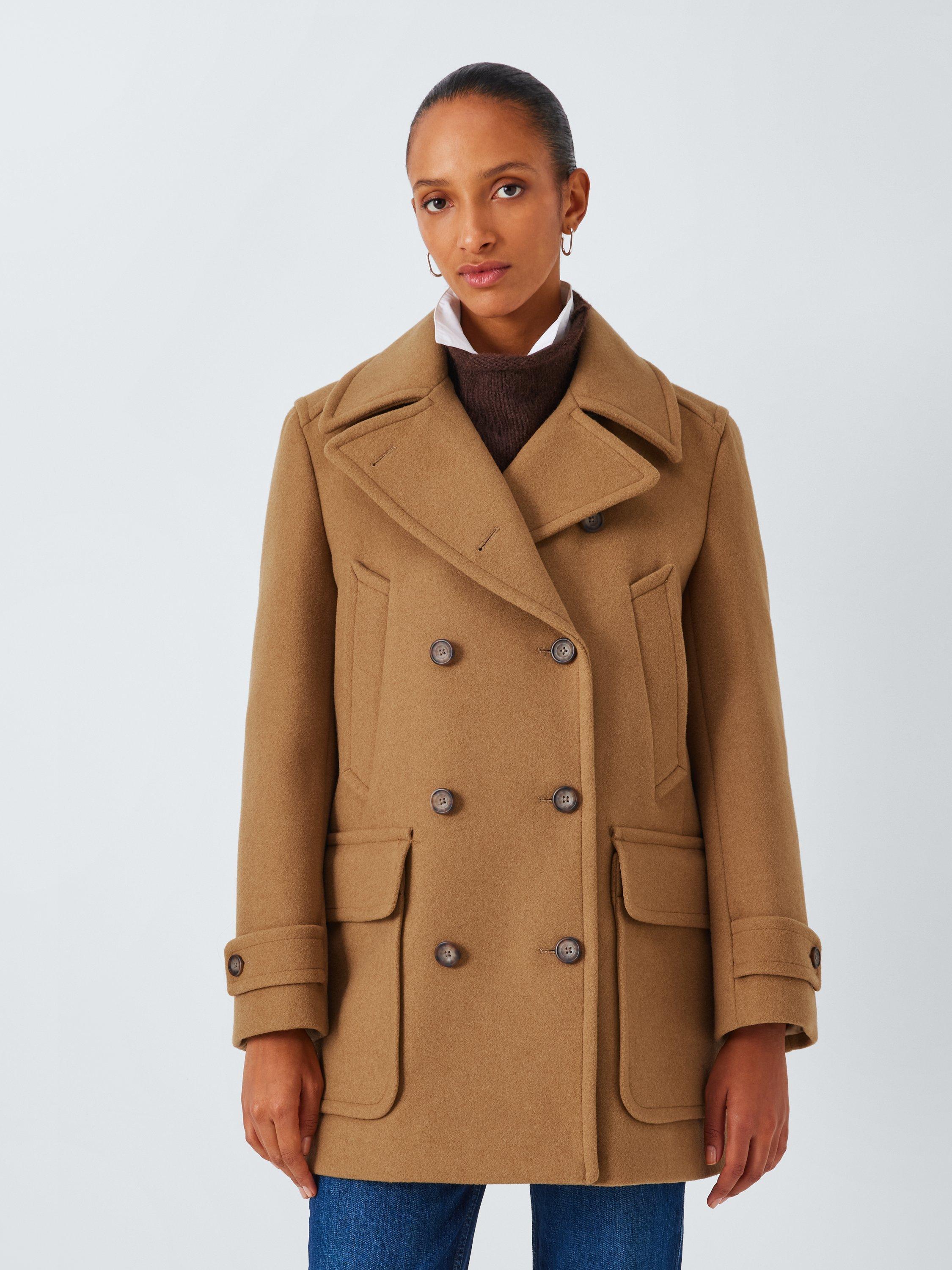 John Lewis Double Breasted Wool Blend Peacoat, Black, Camel