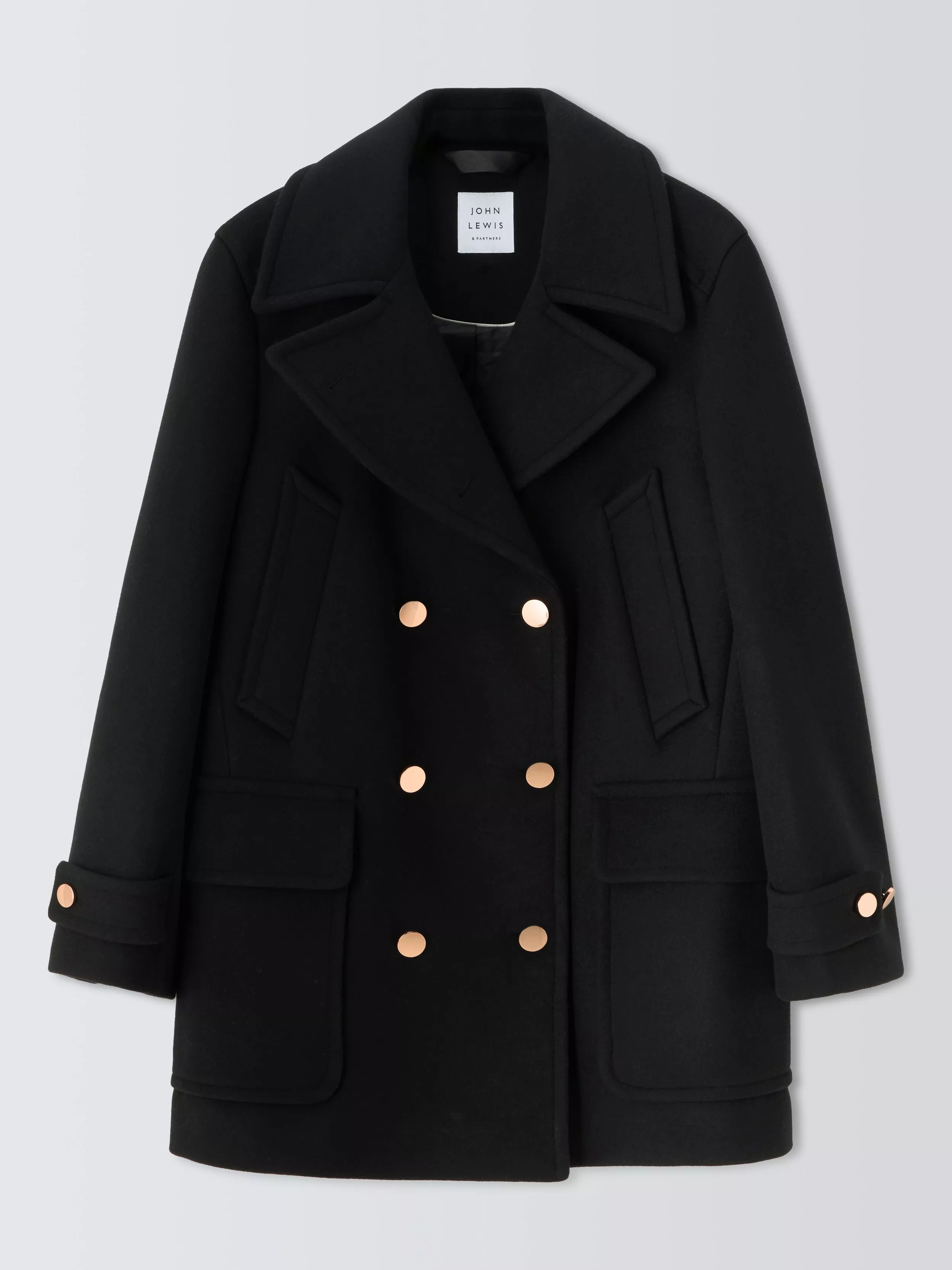 John Lewis Double Breasted Wool Blend Peacoat Black