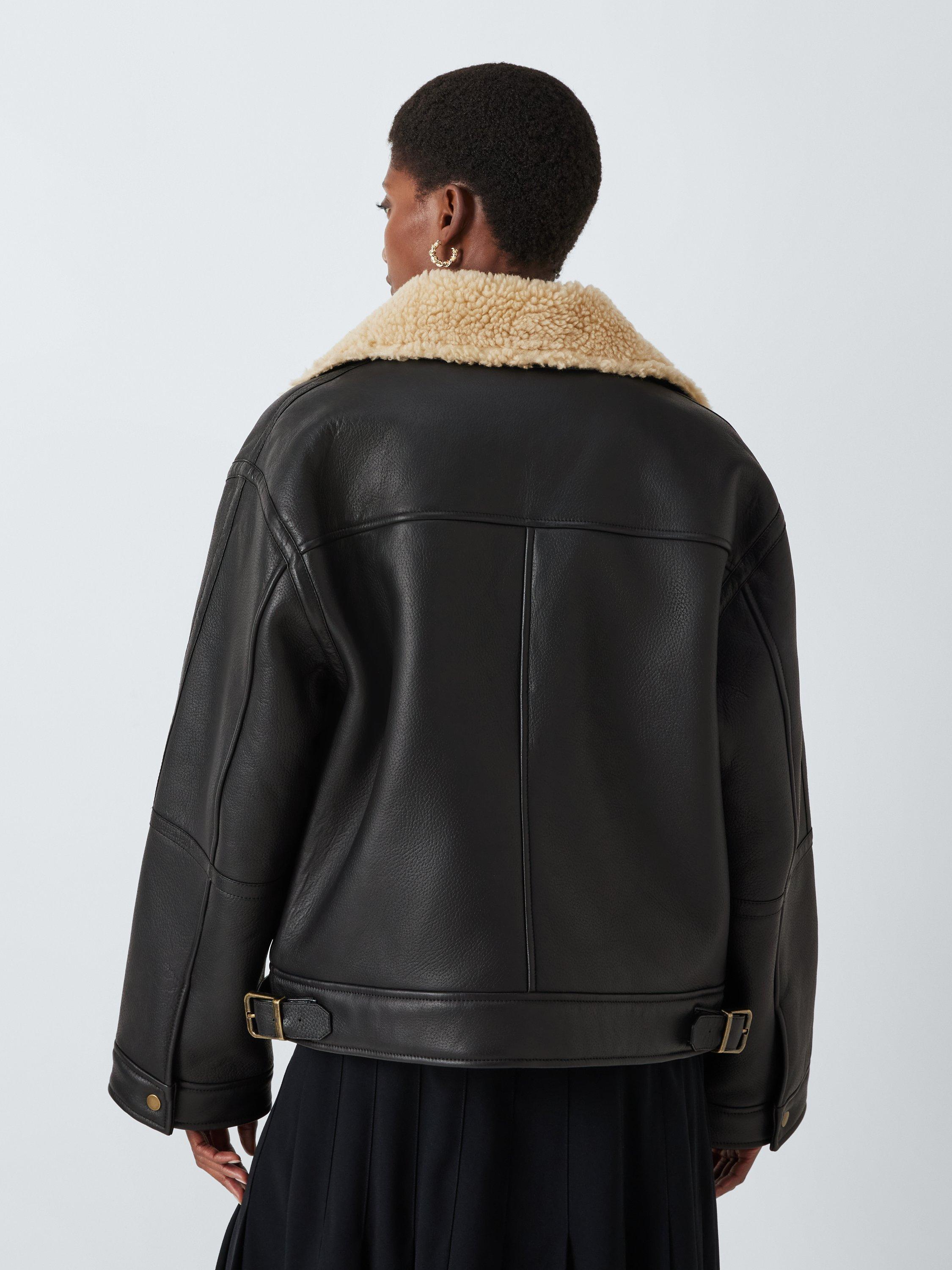 John Lewis Oversized Shearling Collar Leather Aviator Jacket Black