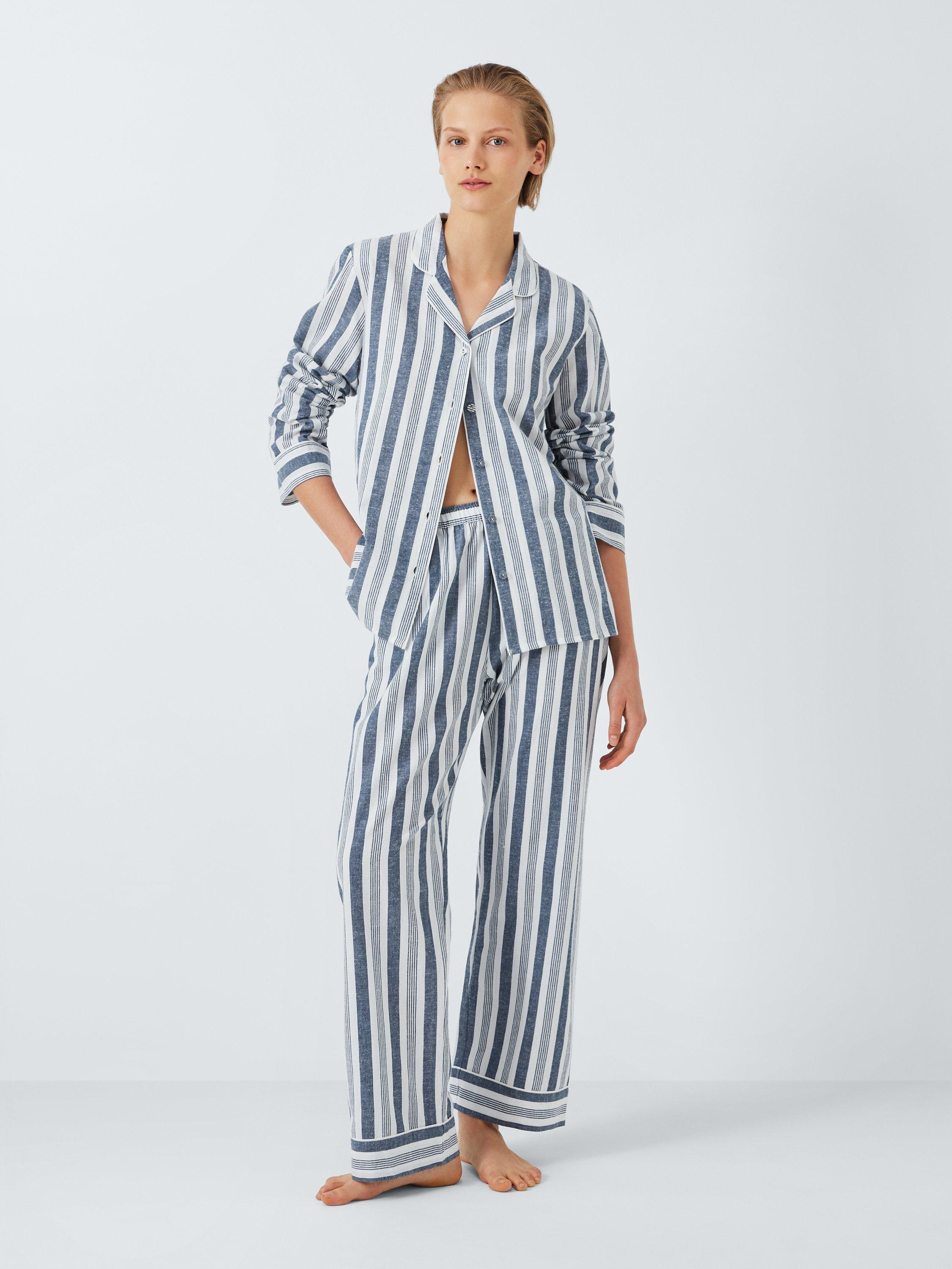 John Lewis Pinstripe Yarn Dye Linen Blend Pyjama Set Ivory Navy