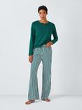 John Lewis Cotton Stripe Wide Leg Bottoms Pyjama Set, Evergreen/Ivory