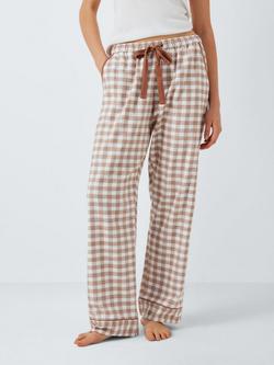 John Lewis Brushed Cotton Gingham Long Pyjama Bottoms, Ivory/Toffee, Ivory/Toffee