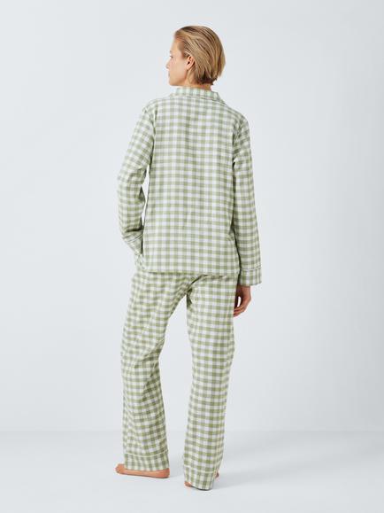John Lewis Brushed Cotton Gingham Pyjama Set - view 2, Sage/Ivory