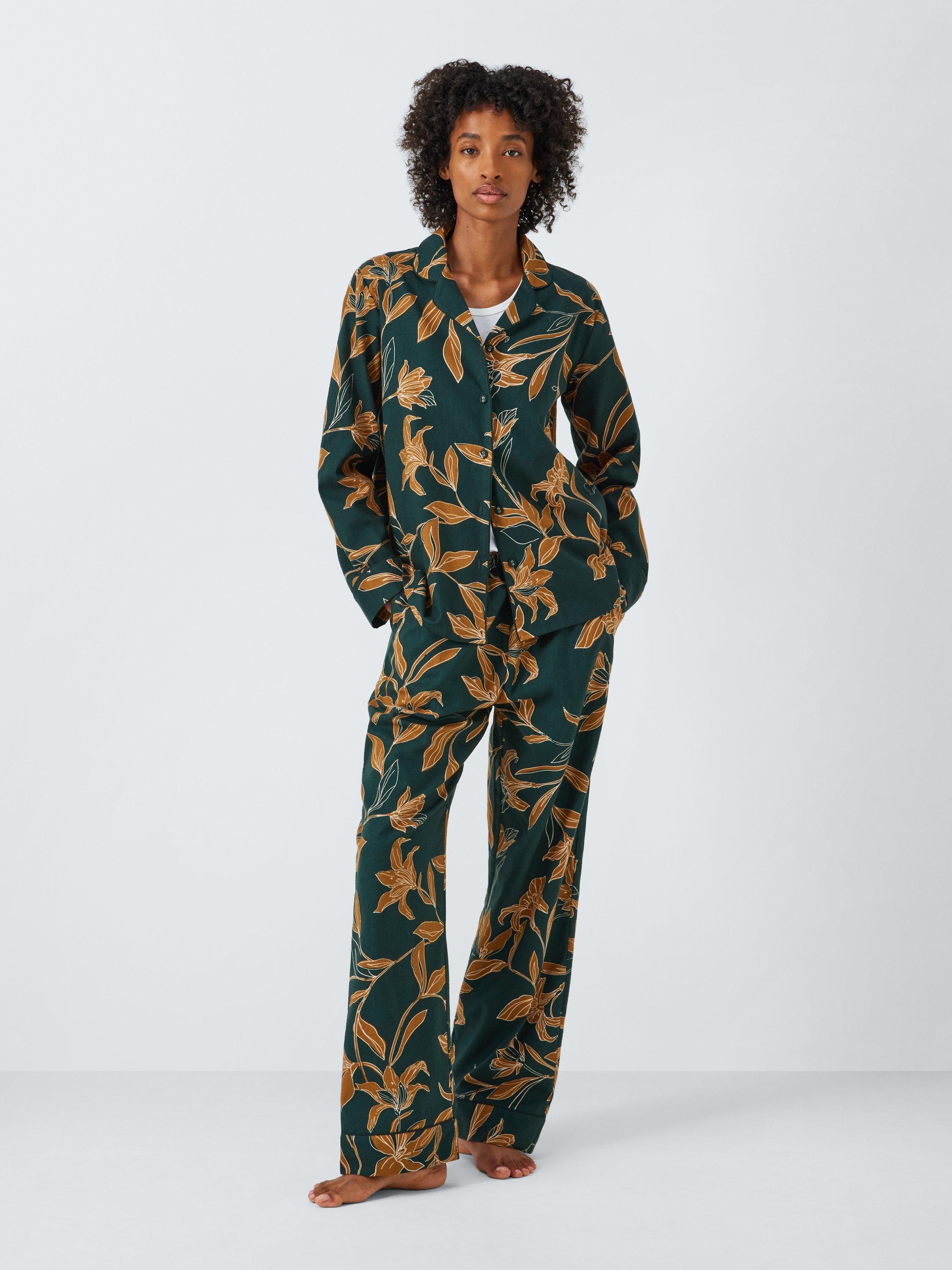 John Lewis Linear Floral Brushed Cotton Pyjama Set Evergreen Ochre