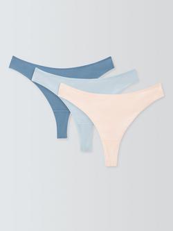 John Lewis Modal Ribbed Thong, Pack of 3, Blue/Pink, Blue/Pink