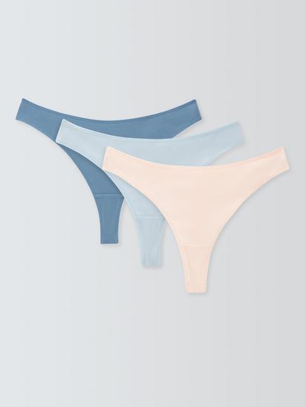 John Lewis Modal Ribbed Thong, Pack of 3, Blue/Pink, Blue/Pink