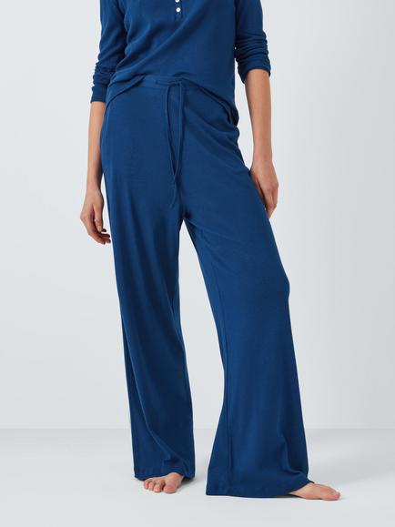 John Lewis Ribbed Cotton Modal Blend Wide Leg Pyjama Bottoms, Navy Peony