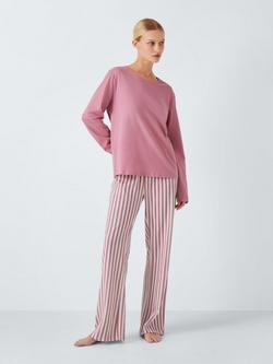 John Lewis Cotton Jersey Stripe Leg Pyjama Set, Pink/Ivory