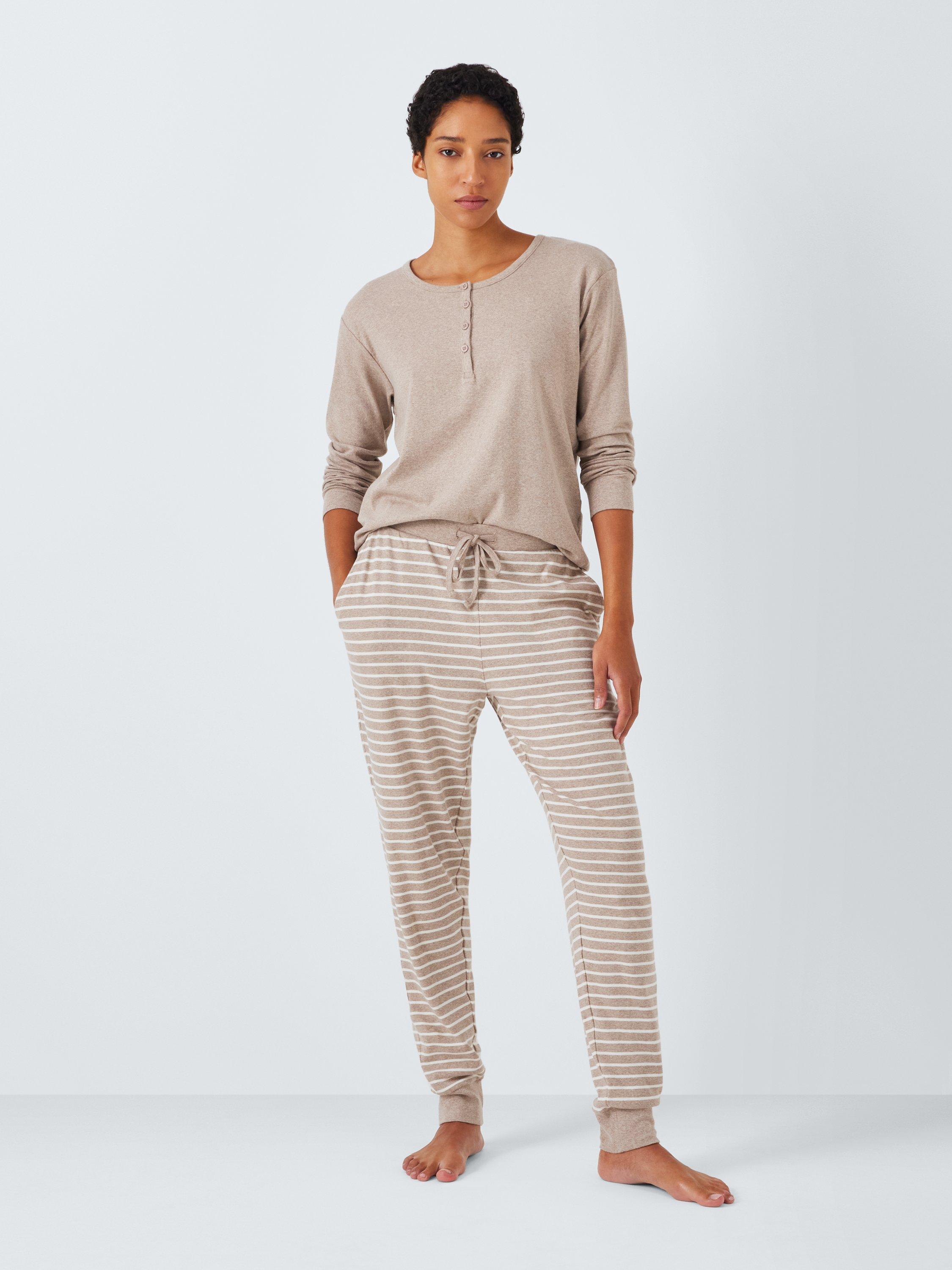 John Lewis Henley Top Stripe Bottoms Cotton Pyjama Set Mocha Ivory