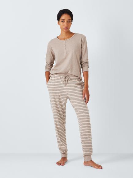 John Lewis Henley Top & Stripe Bottoms Pyjama Set, Mocha/Ivory, Mocha/Ivory