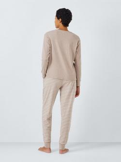 John Lewis Henley Top & Stripe Bottoms Pyjama Set, Mocha/Ivory - view 2, Mocha/Ivory