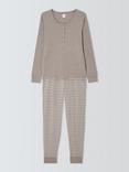 John Lewis Henley Top & Stripe Bottoms Cotton Pyjama Set, Mocha/Ivory