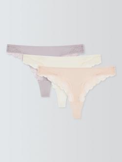 John Lewis Modal Lace Thong, Pack of 3, Neutral/Grey