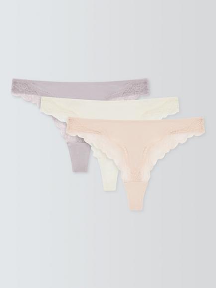 John Lewis Modal Lace Thong, Pack of 3, Neutral/Grey