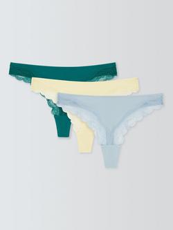 John Lewis Modal Lace Thong, Pack of 3, Green/Multi