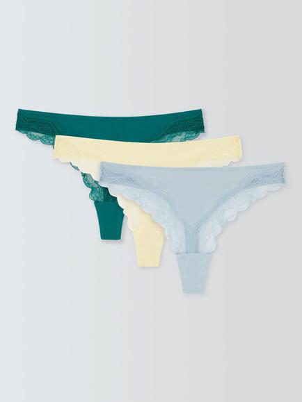 John Lewis Modal Lace Thong, Pack of 3, Green/Multi