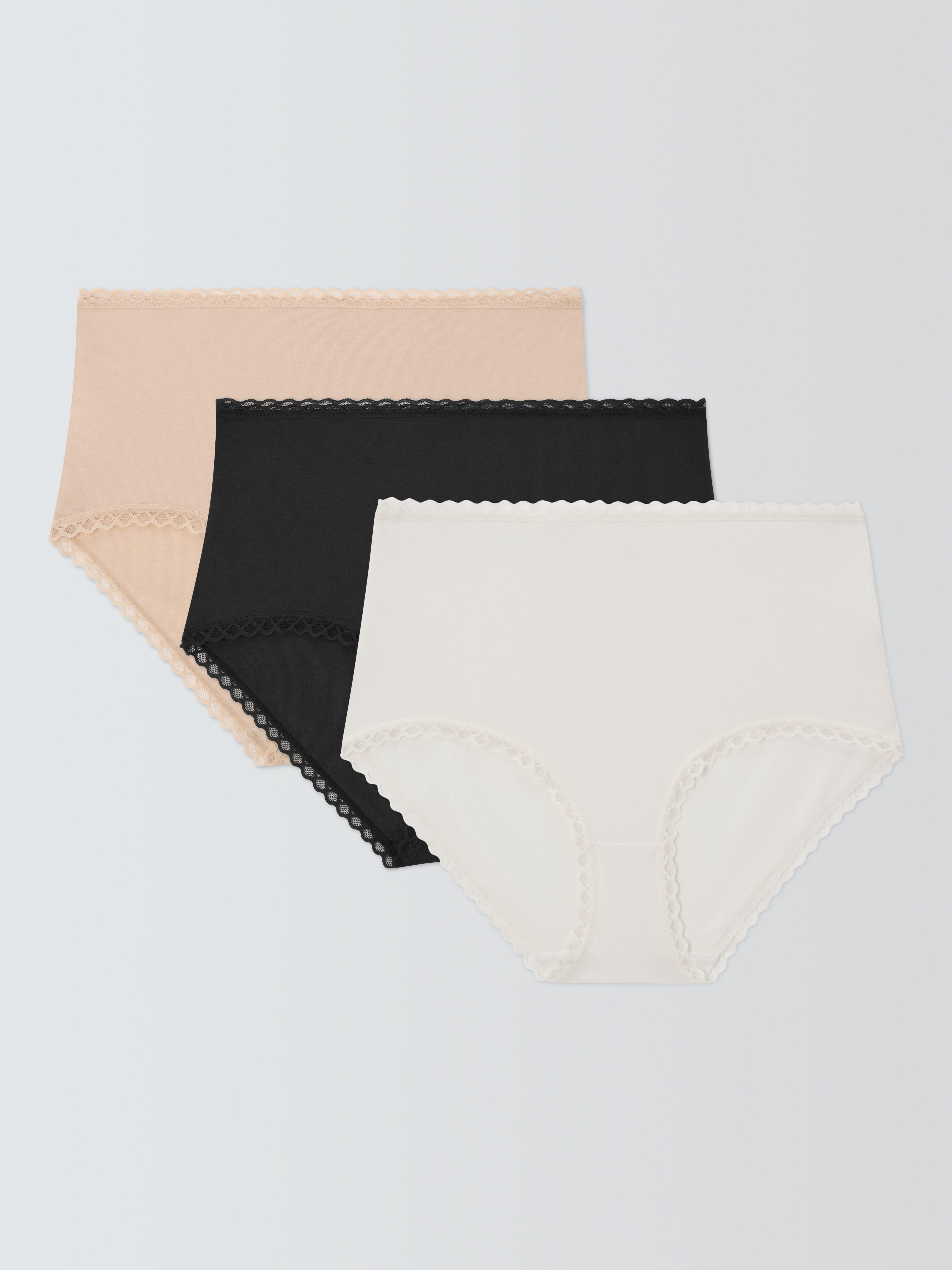 Product image 1 of 5, which shows John Lewis Modal and Narrow Lace Bikini Knickers, Pack of 3, Black/White/Almond, 10