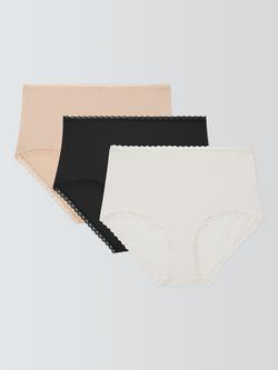John Lewis Modal and Narrow Lace Bikini Knickers, Pack of 3, Black/White/Almond, Black/White/Almond