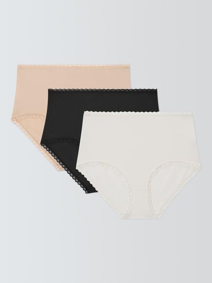 John Lewis Modal and Narrow Lace Bikini Knickers, Pack of 3, Black/White/Almond, Black/White/Almond