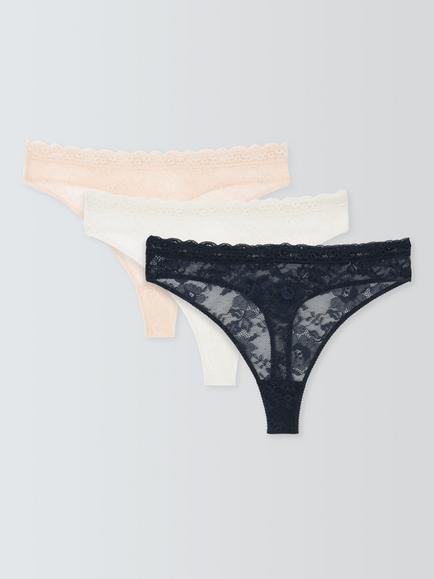 John Lewis Helenca Thong, Pack of 3, Neutral/Navy, Neutral/Navy
