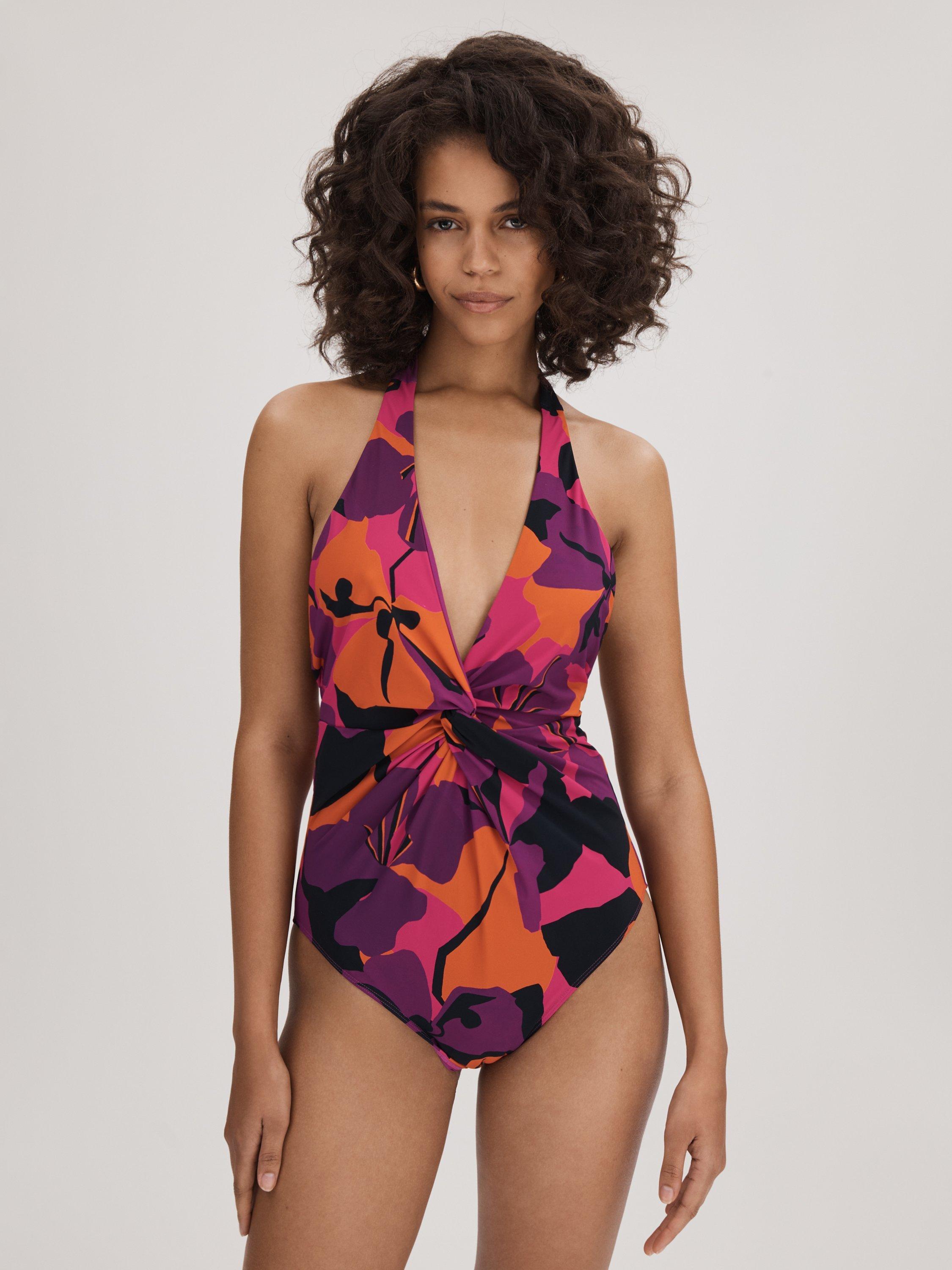 FLORERE Abstract Floral Twist Front Halterneck Swimsuit, Multi