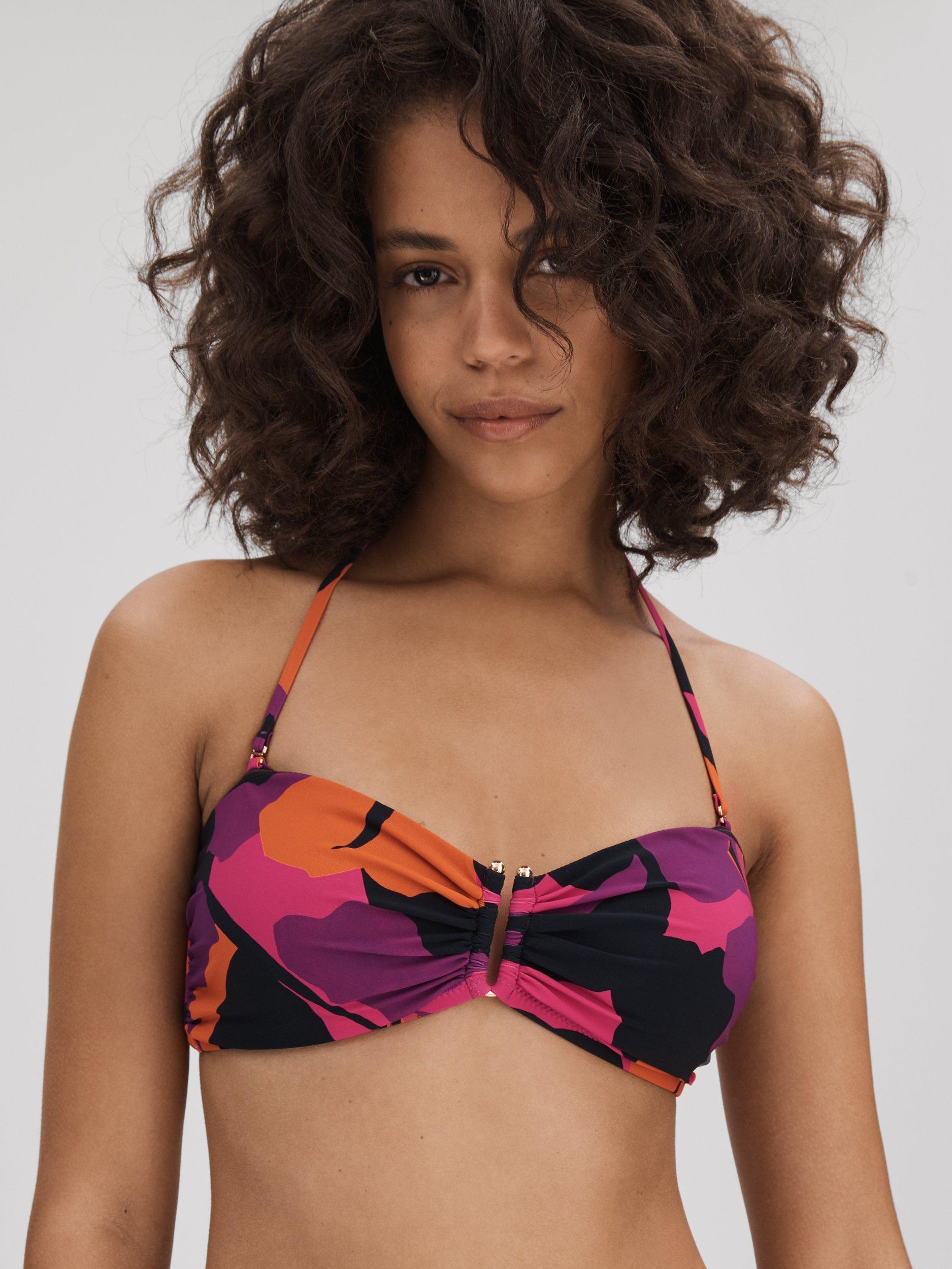 FLORERE Abstract Floral Print Bandeau Bikini Top, Pink/Orange