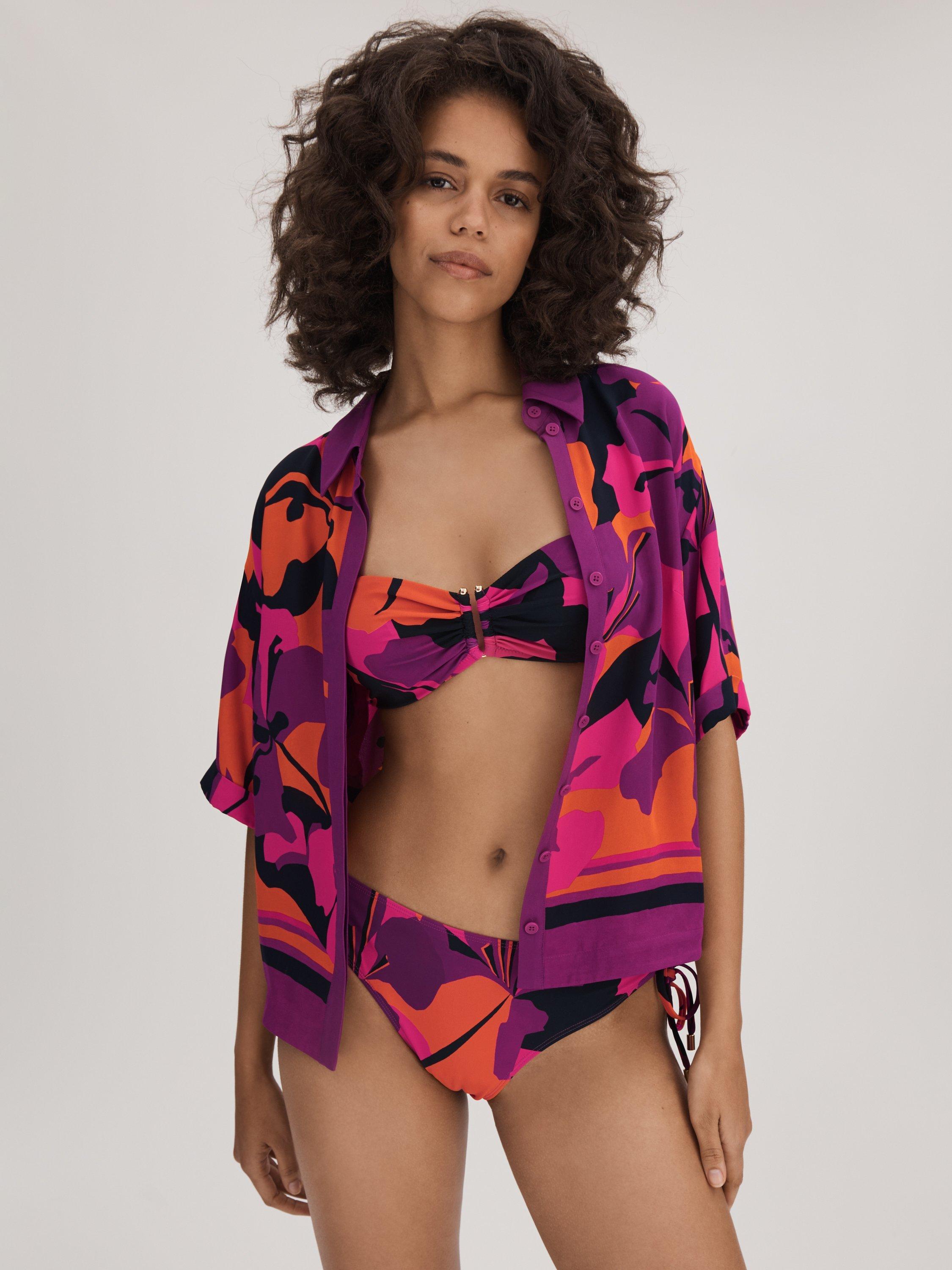 FLORERE Abstract Floral Print Side Ruched Bikini Bottoms, Pink/Orange